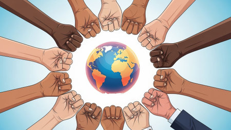Diverse hands around globe, symbolizing unity and collaboration.の素材