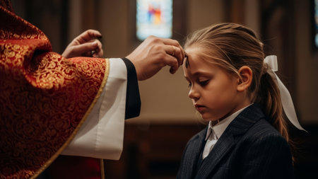 Girl, priest, ashes, church, religious ritual, solemnity.の素材
