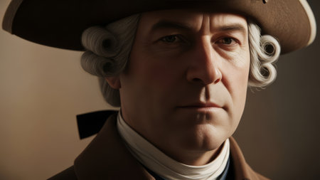 Man in colonial wig, tricorn hat, and coat.の素材