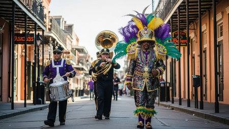 New Orleans Mardi Gras band marchers in ornate costumes on Bourbon Streetの素材