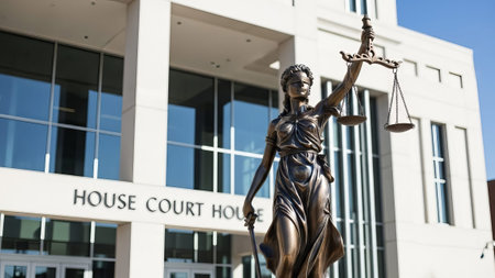 Lady Justice statue outside courthouse, symbolizing law and justiceの素材