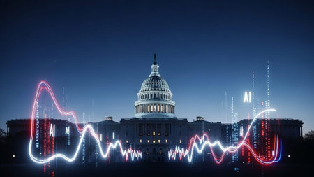 AI charts and data streams around Capitol at night.の素材