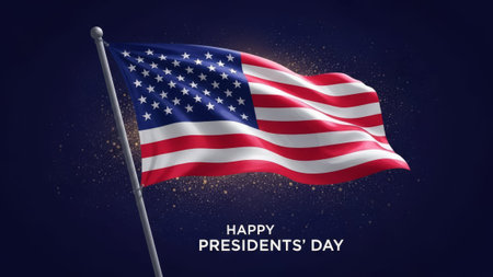 Waving USA flag, golden sparkles, dark blue background, Presidents' Day.の素材