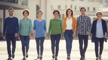 Diverse people walking on city sidewalkの素材