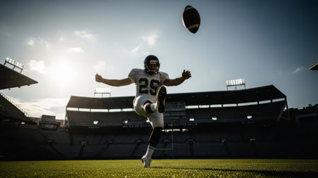 Football player kicking ball in stadiumの素材