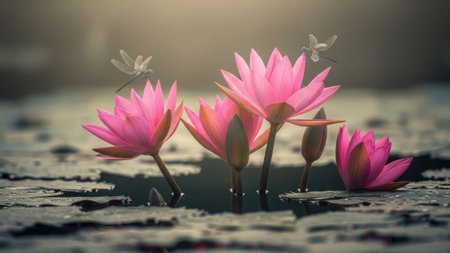 Pink water lilies, dragonflies, pond, nature, soft lightの素材
