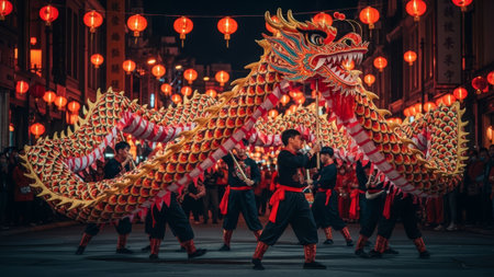 Asian men in costumes perform dragon dance during lantern festival.の素材