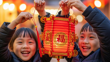 Smiling Asian children holding red lantern, night market, festiveの素材