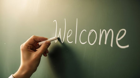 Hand writes Welcome on green chalkboard, school or universityの素材