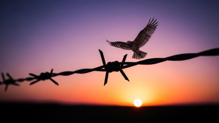 Bird in flight, barbed wire fence, sunset skyの素材