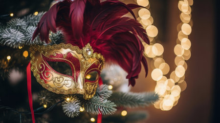 Masquerade mask on Christmas tree branch, festive bokeh lightsの素材