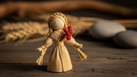 Straw doll with berries on rustic wood, bokeh background.の素材