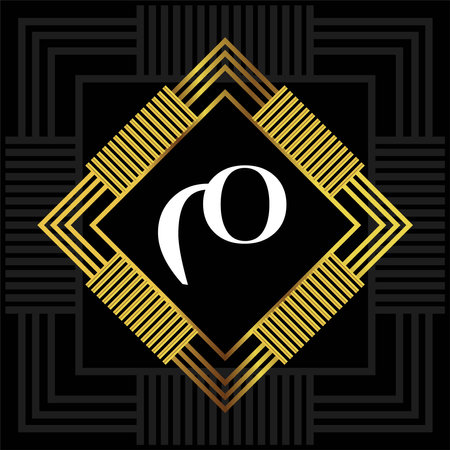 Vector illustration of letter O in gold geometric frame on black background.のイラスト素材