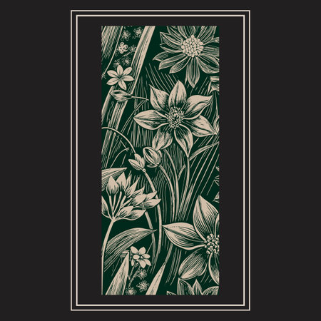 Vintage floral card with hand drawn flowers and leaves on dark backgroundのイラスト素材
