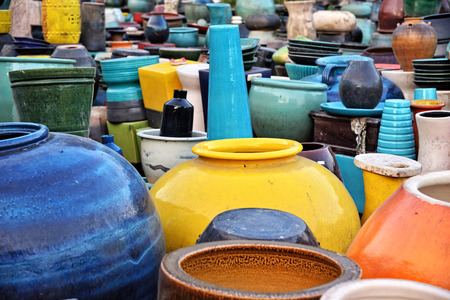 Closeup colorful ceramic pots : Ratchaburi, Thailandの写真素材
