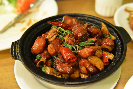 Closeup of spicy clay-pot chicken dish
