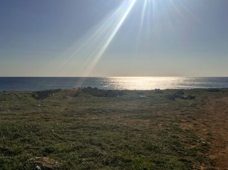the sea coast with green grass and a clear sky without clouds with a ray of sun bursting into the frame. the path from the sunlight runs along the sea right to the shoreの写真素材
