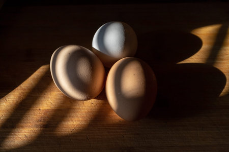 three fresh chicken eggs lie on a wooden Board, warmly illuminated by a beautiful warm lightの写真素材