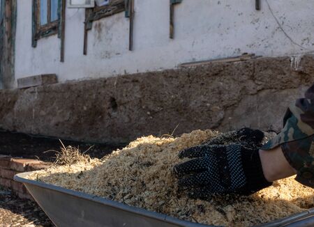 hands in work gloves throw sawdust on a one-wheeled cart. bright colors of the spring sun, work clothes, kitchen gardenの写真素材