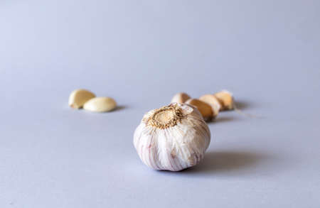 garlic lies on a gray background. Photographed at close range. . High quality photoの写真素材