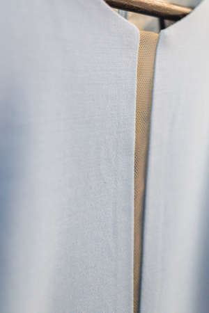 Fabric ready-made suit textile shades in the workplace, tailor or tailor, close view, atelierの写真素材