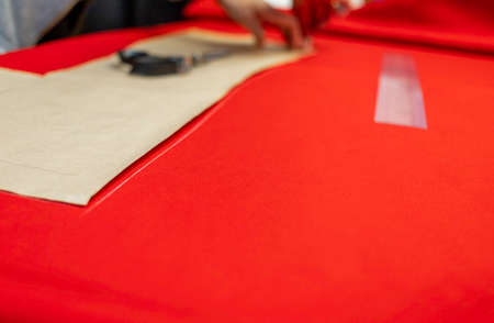 Fabric ready-made suit textile shades in the workplace, tailor or tailor, close view, atelierの写真素材