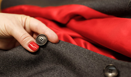 The dressmaker will open the fabric for the future costume for further work. Fashion designer tailor in the workshop of the studio, developing a new collection of clothes.の写真素材