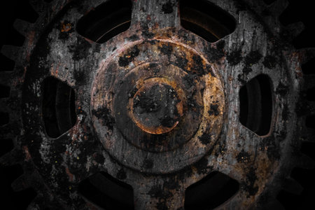 Dark rusty metal cogwheel detail texture background. Old ship detail close up with copy space