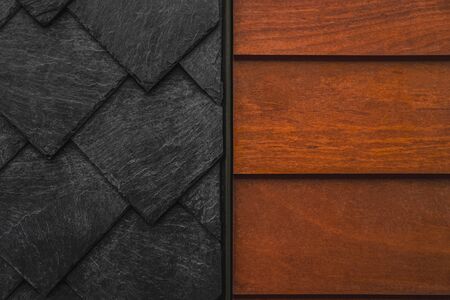 Beautiful new half stone and half wooden wall texture background. Natural materials. Close upの写真素材