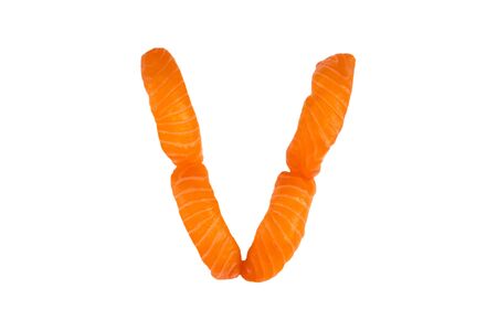 Sushi alphabet isolated on white background. Letter "V" made of salmon sashimi nigiri. Food alphabet. Conceptual fontの写真素材