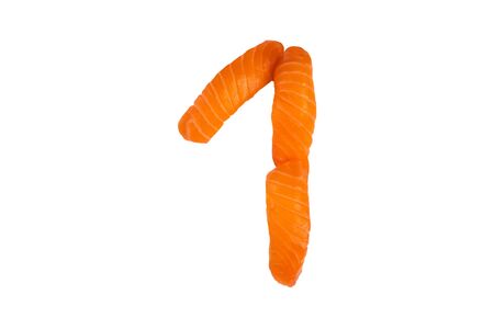 Sushi alphabet number one isolated on white background. Number "1" made of salmon sashimi nigiri. Numbers made of food. Conceptual fontの写真素材