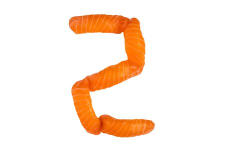 Sushi alphabet number two isolated on white background. Number "2" made of salmon sashimi nigiri. Numbers made of food. Conceptual fontの写真素材