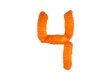 Sushi alphabet number four isolated on white background. Number "4" made of salmon sashimi nigiri. Numbers made of food. Conceptual fontの写真素材