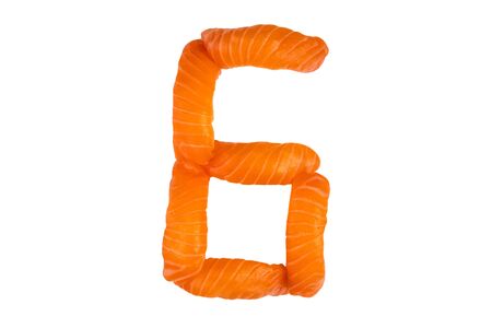 Sushi alphabet number six isolated on white background. Number "6" made of salmon sashimi nigiri. Numbers made of food. Conceptual fontの写真素材