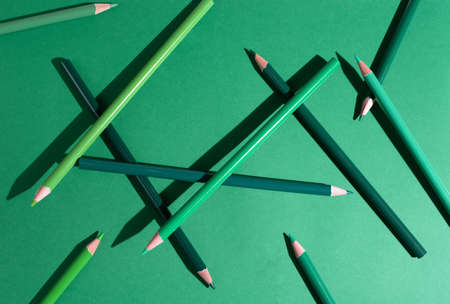 Green pencils on green background in hard light.の写真素材