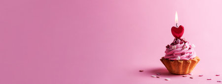 Valentine's Day banner, cupcake with cream and a burning heart shaped candle on a pink background.の写真素材