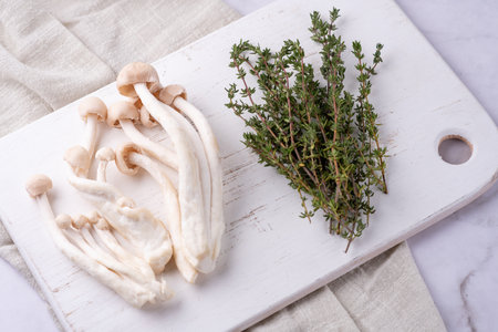 White shimeji, raw edible mushrooms with fresh thyme on cutting board on white background.の写真素材