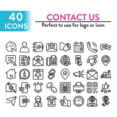 Set of 40 Contact Us web icons in line style. Perfect for  icon use. Vector Illustrationのイラスト素材