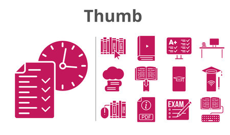 thumb set. included exam, cloud library, student-smartphone, pdf, ebook, desktop, smartphone, books, test, homework, book icons. filled styles.のイラスト素材