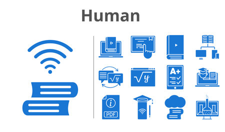 human set. included chemistry, smartphone, learn, homework, maths, book, touchscreen, training, cloud library, ereader, ebook, pdf, school icons. filled styles.のイラスト素材