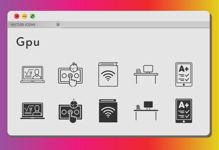 gpu icon set. included professor, audiobook, ereader, desktop, test icons on white background. linear, filled styles.のイラスト素材
