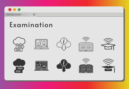 examination icon set. included cloud library, professor, cap, book, information icons on white background. linear, filled styles.のイラスト素材
