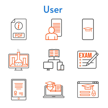 user set. included student-smartphone, chemistry, exam, tablet, study, pdf, school, training, login icons. bicolor styles.のイラスト素材
