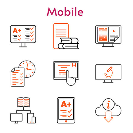 mobile set. included ereader, ebook, test, online-learning, school, touchscreen, information, microscope icons. bicolor styles.のイラスト素材
