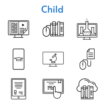 child set. included chemistry, student-smartphone, cloud, tablet, ebook, books, touchscreen, click, microscope icons. linear styles.のイラスト素材