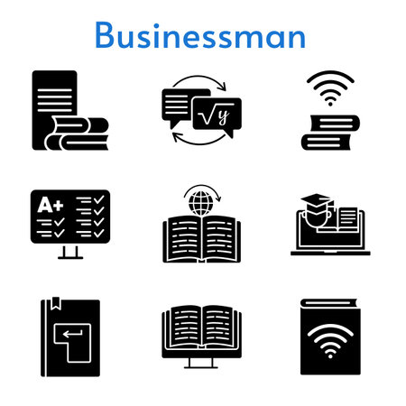 businessman set. included audiobook, ebook, test, online-learning, homework, book, learning, training, enter icons. filled styles.のイラスト素材