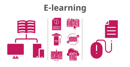 e-learning set. included chemistry, feedback, cloud, smartphone, school, book, doc, click icons. filled styles.のイラスト素材