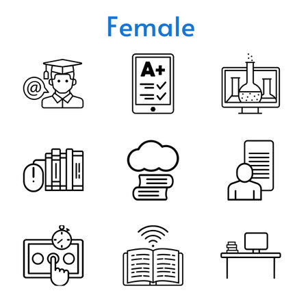 female set. included chemistry, cloud library, ereader, study, books, desktop, test icons. linear styles.のイラスト素材