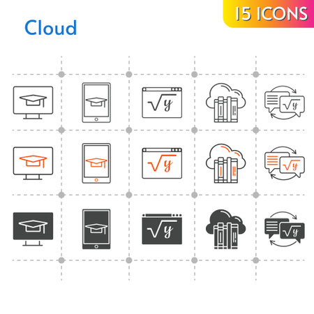 cloud icon set. included cloud, homework, maths, student-tablet, student-desktop icons on white background. linear, bicolor, filled styles.のイラスト素材