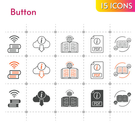 button icon set. included feedback, pdf, book, information, learning icons on white background. linear, bicolor, filled styles.のイラスト素材